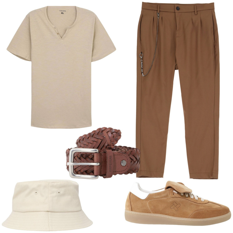 Outfit uomo - Tempo libero. Stile Casual per Tutti i giorni. Abbinamento con cappelli, t-shirt, sneakers, cinture, pantaloni.