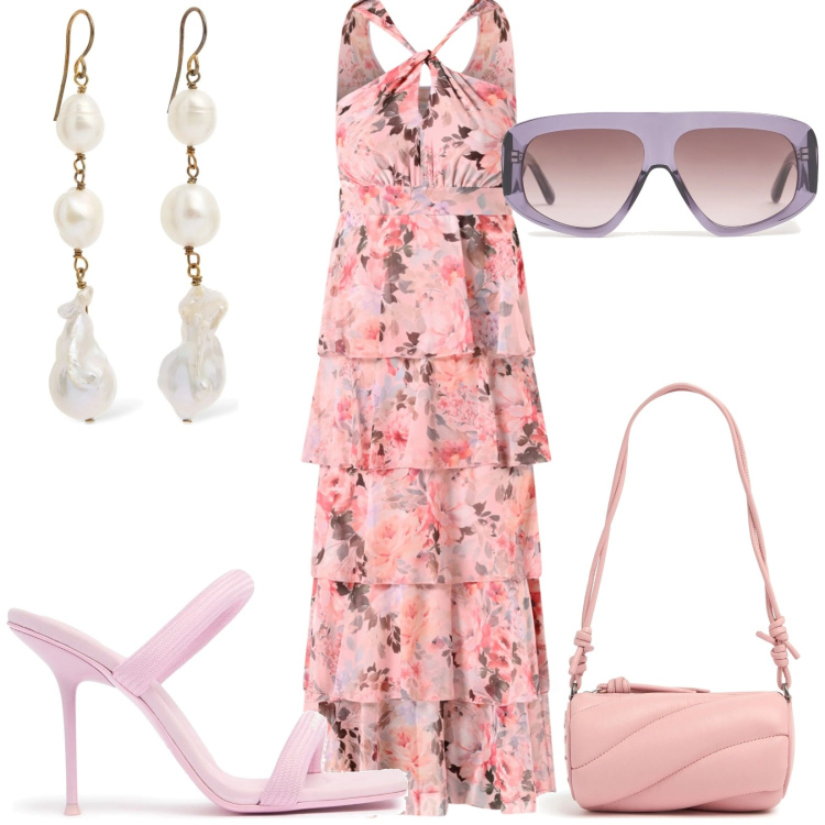 Outfit donna - Total look #2209928. Stile Bon Ton per Cerimonia. Abbinamento con vestiti lunghi, borse a spalla, occhiali da sole, sandali in pelle, orecchini.