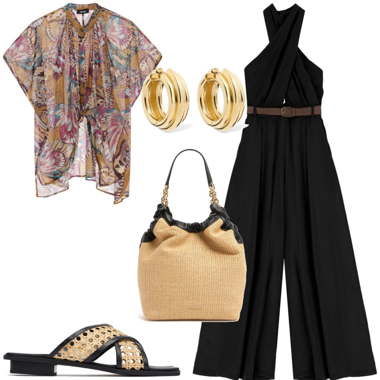 Outfit donna - Total look #2209930. Stile Casual chic per Tutti i giorni. Abbinamento con tute, camicie a manica corta, sandali in pelle, orecchini, borse tote.