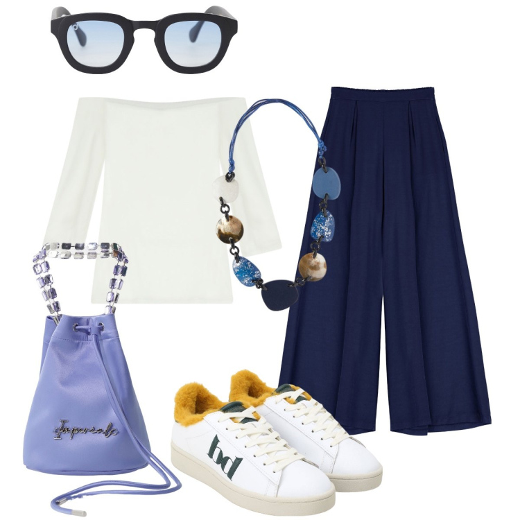 Outfit donna - In città. Stile Casual chic per Tutti i giorni. Abbinamento con borse a secchiello, occhiali da sole, bluse, sneakers, pantaloni, collane.