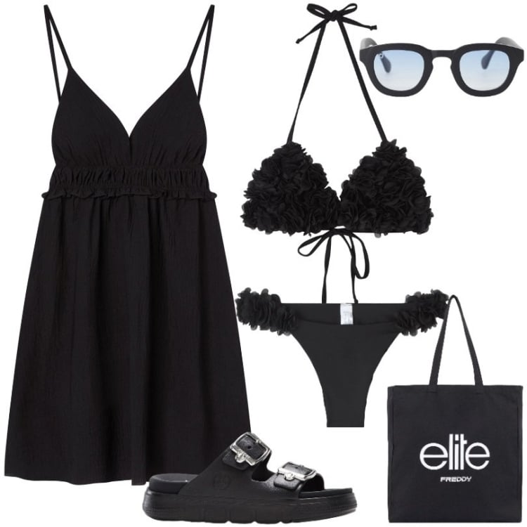 Outfit donna - Total black comfort estivo. Stile Sexy per Mare. Abbinamento con ciabatte, vestiti corti, bikini, bikini, occhiali da sole, shopping bag.