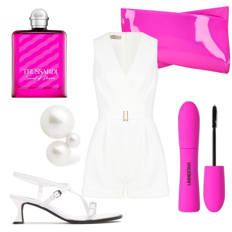 Outfit donna - Tutina bianca. Stile Casual per Serata fuori. Abbinamento con profumi, mascara, tuta corta, orecchini, pochette, sandali in pelle.