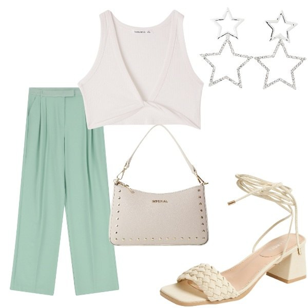 Outfit donna - A cena fuori. Stile Casual chic per Serata fuori. Abbinamento con orecchini, top, sandali alla schiava, pantaloni, borse a spalla.