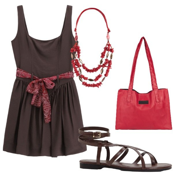 Outfit donna - Serata tra amici. Stile Casual per Tutti i giorni. Abbinamento con sandali, vestiti corti, shopping bag, collane.