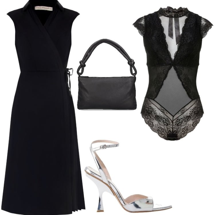 Outfit donna - Abito elegante e facile da indossare. Stile Chic per Serata fuori. Abbinamento con body, vestiti senza maniche, décolleté, borse a spalla.