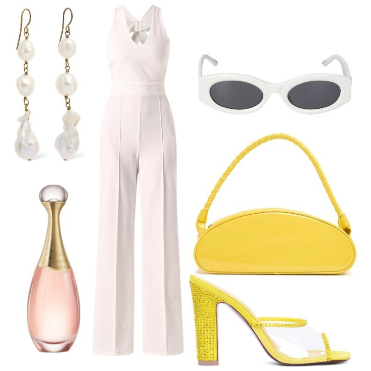 Outfit donna - Total look #2209948. Stile Chic per Tutti i giorni. Abbinamento con profumi, tute, occhiali da sole, borse a spalla, pantofole, orecchini.