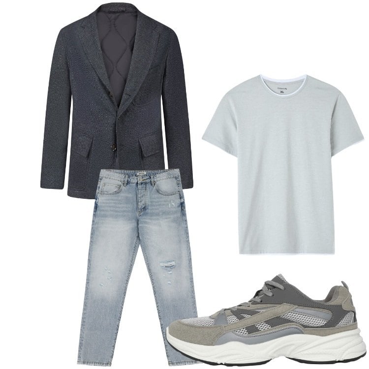 Outfit uomo - Grigio chic. Stile Business/Elegante per Serata speciale. Abbinamento con t-shirt, sneakers, jeans strappati, giacche.