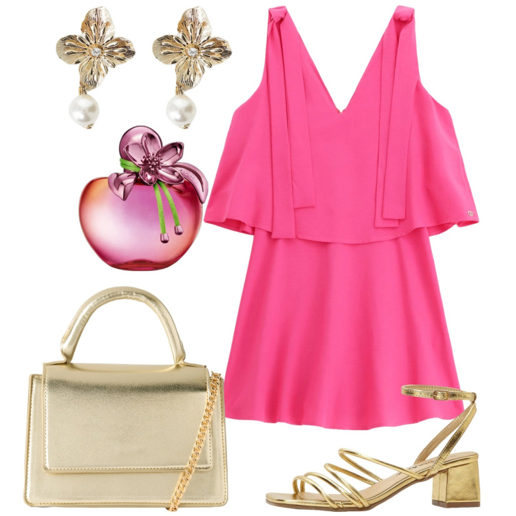 Outfit donna - Total look #2209976. Stile Casual chic per Cerimonia. Abbinamento con sandali col tacco, profumi, borse a tracolla, vestiti corti, orecchini.