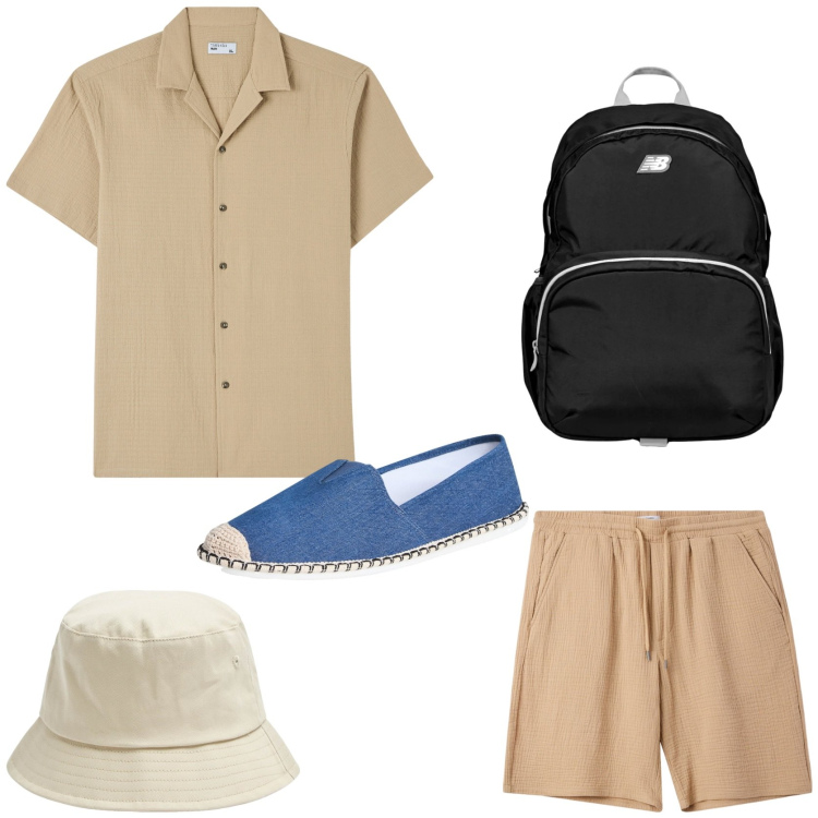 Outfit uomo - Destinazione vacanze. Stile Casual per Tutti i giorni. Abbinamento con cappelli, camicie a manica corta, espadrillas, pantaloni corti, borse sportive.
