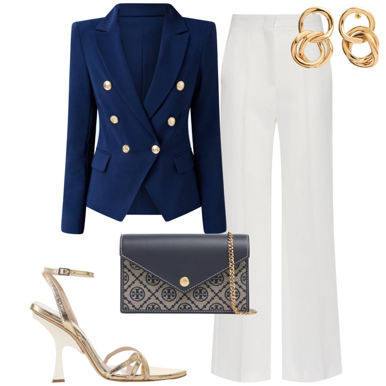 Outfit donna - Il blazer blu. Stile Chic per Tutti i giorni. Abbinamento con blazer, top, sandali col tacco, orecchini, pochette, pantaloni.