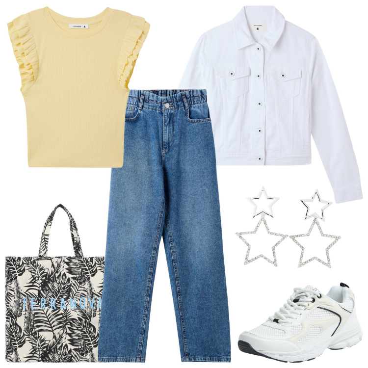 Outfit donna - Terranova sport. Stile Sporty chic per Tutti i giorni. Abbinamento con t-shirt, orecchini, borse tote, sneakers, blazer, jeans.