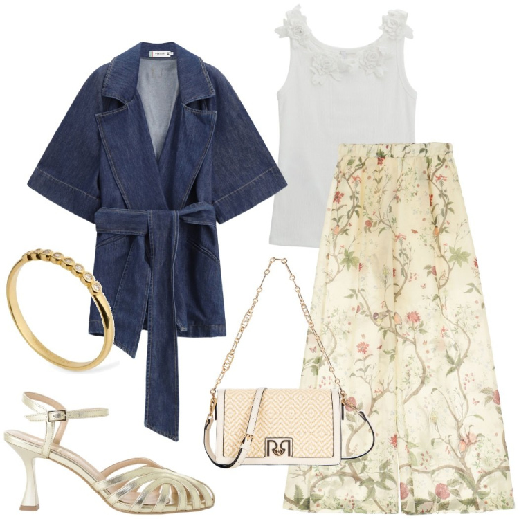Outfit donna - La giacca kimono in denim. Stile Casual chic per Serata fuori. Abbinamento con borse a tracolla, blazer, pantaloni, top, sandali col tacco, anelli.