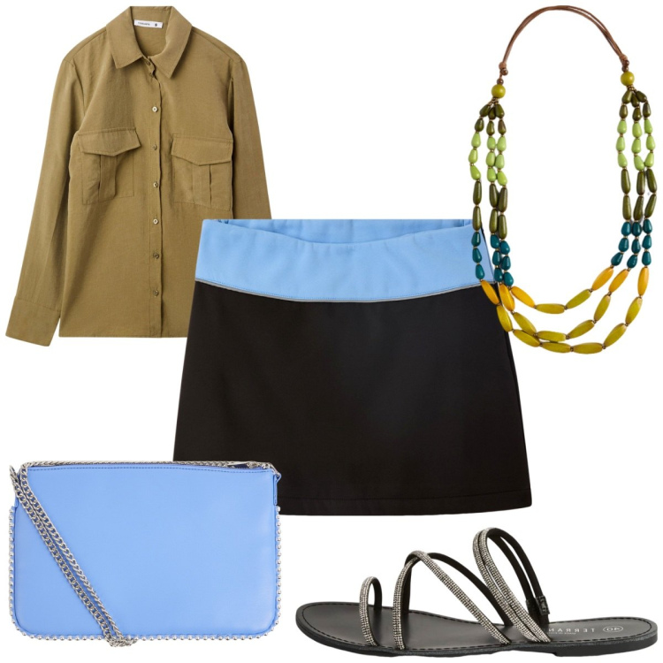 Outfit donna - Total look #2210023. Stile Trendy per Tutti i giorni. Abbinamento con borse a tracolla, camicie, minigonne, sandali, collane.