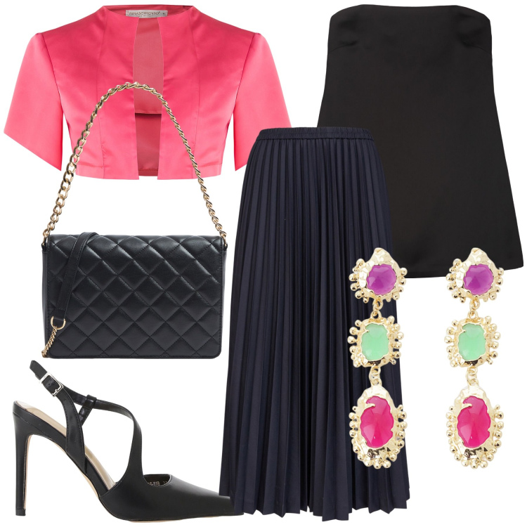 Outfit donna - Total look. Stile Glamour per Serata fuori. Abbinamento con borse a tracolla, bolero, décolleté, orecchini, gonne longuette, top.