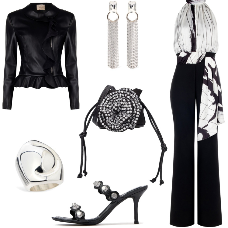 Outfit donna - Serata speciale. Stile Chic per Serata fuori. Abbinamento con tute, blazer, orecchini, anelli, sandali in pelle, borse a spalla.