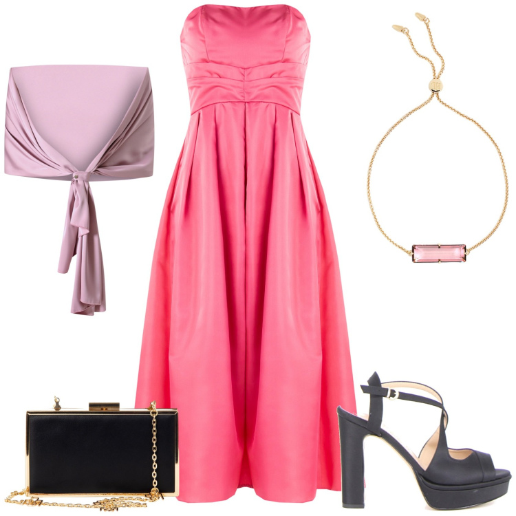 Outfit donna - Abito rosa. Stile Chic per Cerimonia. Abbinamento con scialli, pochette, vestiti midi/longuette, braccialetti, sandali col tacco.