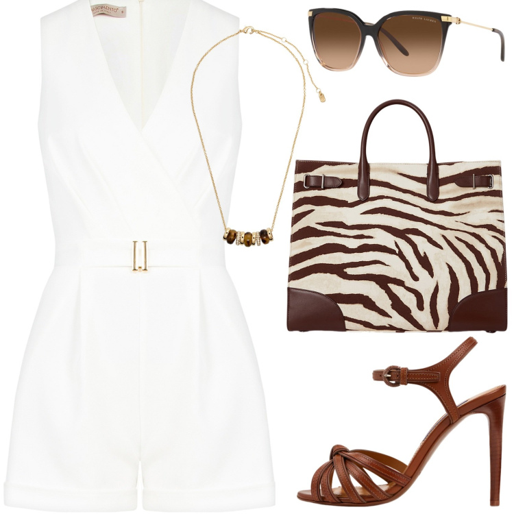 Outfit donna - Tuta corta bianca. Stile Casual chic per Serata fuori. Abbinamento con tuta corta, sandali col tacco, occhiali da sole, collane, borse tote.