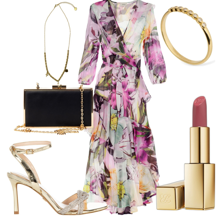 Outfit donna - Luglio. Stile Trendy per Serata fuori. Abbinamento con rossetti, pochette, sandali col tacco, ciondoli, vestiti lunghi, anelli.