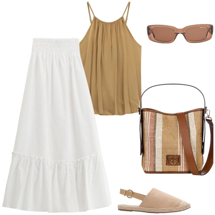 Outfit donna - Luglio in citta. Stile Boho per Tutti i giorni. Abbinamento con espadrillas, top, borse a secchiello, gonne lunghe, occhiali da sole.