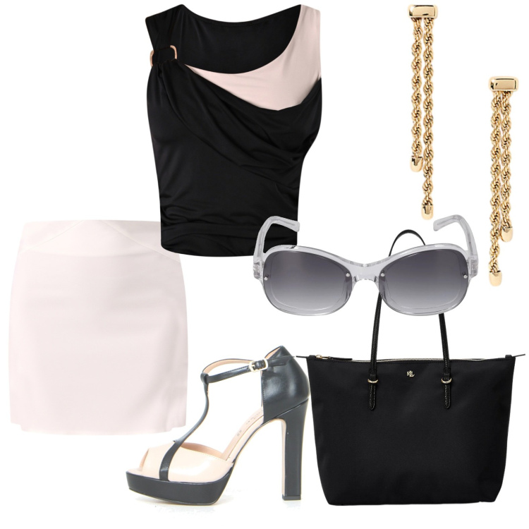 Outfit donna - Mai inosservata. per Serata fuori. Abbinamento con minigonne, top, borse tote, orecchini, sandali col tacco, occhiali da sole.