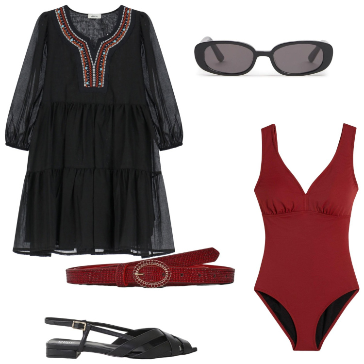 Outfit donna - La mia estate al mare. Stile Etnico per Mare. Abbinamento con costumi interi, cinture, vestiti corti, sandali, occhiali da sole.