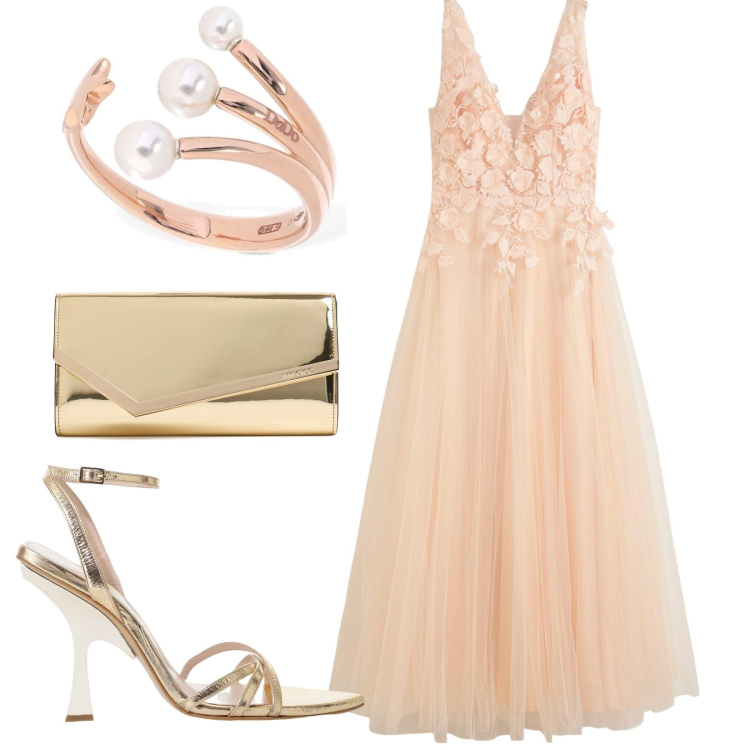 Outfit donna - Total look #2210060. Stile Romantica per Cerimonia. Abbinamento con vestiti lunghi, sandali col tacco, anelli, pochette.
