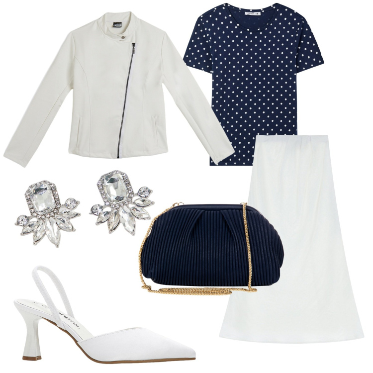 Outfit donna - Total look #2210063. Stile Bon Ton per Serata fuori. Abbinamento con décolleté, t-shirt, pochette, gonne lunghe, orecchini, giacche.