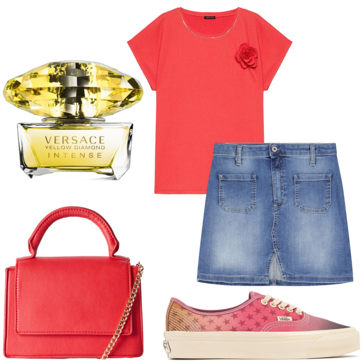 Outfit donna - Total look #2210064. Stile Casual per Tutti i giorni. Abbinamento con profumi, borse a tracolla, minigonne, bluse, sneakers.