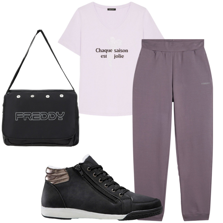 Outfit donna - Total look #2210066. Stile Sporty chic per Tutti i giorni. Abbinamento con sneakers alte, borse messenger, pantaloni, t-shirt.