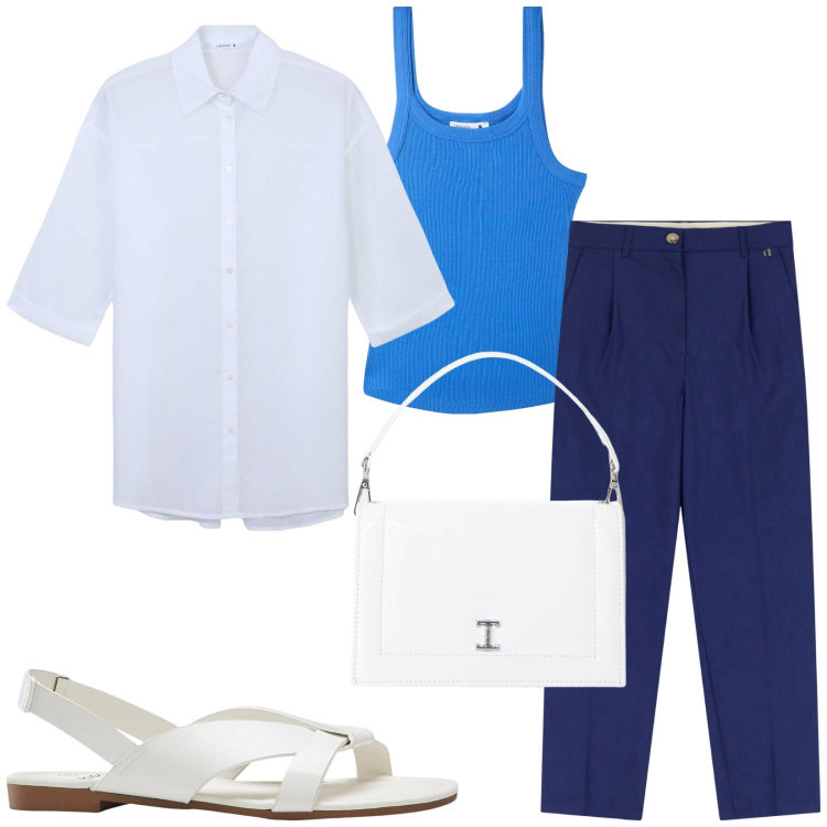 Outfit donna - Total look #2210069. Stile Casual per Ufficio. Abbinamento con sandali, camicie, canottiere, borse a tracolla, pantaloni.