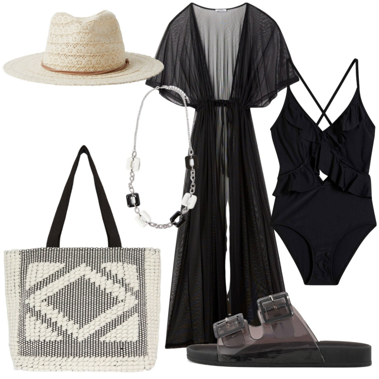 Outfit donna - Spiaggia glam. Stile Glamour per Mare. Abbinamento con costumi interi, cappelli, caftani, sandali, shopping bag, collane.