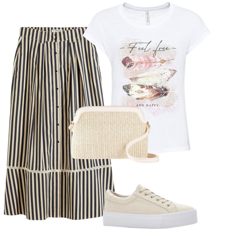 Outfit donna - Total look #2210071. Stile Boho per Mare. Abbinamento con gonne lunghe, t-shirt, borse a tracolla, sneakers.