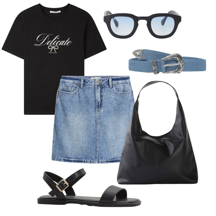 Outfit donna - Basica in città: mini in jeans. Stile Urban per Tutti i giorni. Abbinamento con shopping bag, minigonne, sandali, cinture, t-shirt, occhiali da sole.