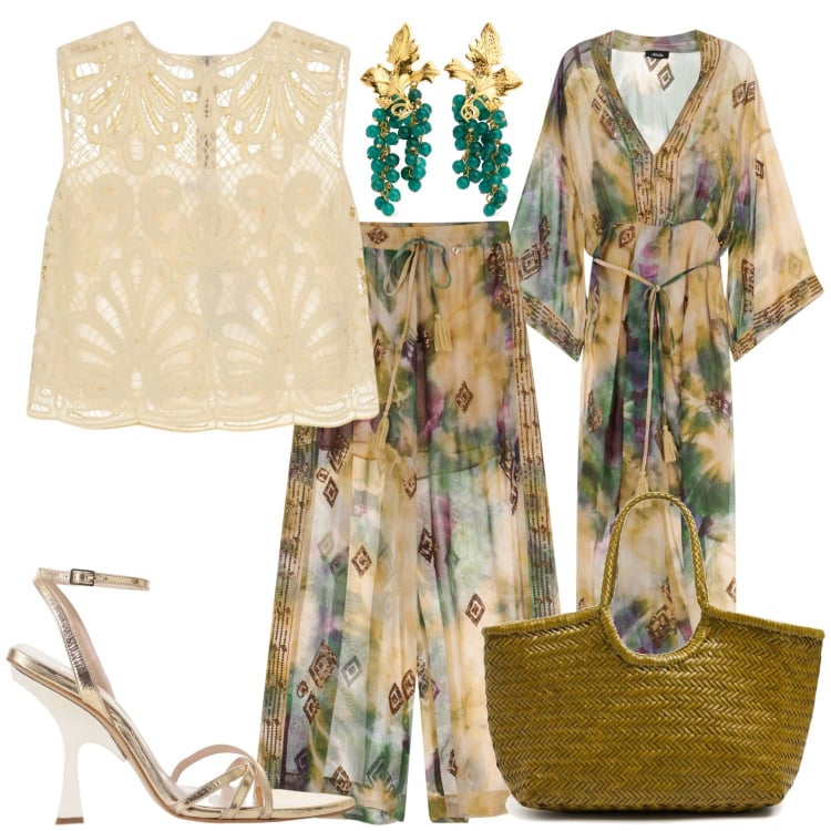 Outfit donna - Brilla di volori. Stile Glamour per Cerimonia. Abbinamento con pantaloni a palazzo, top, sandali col tacco, vestiti lunghi, shopping bag, orecchini.