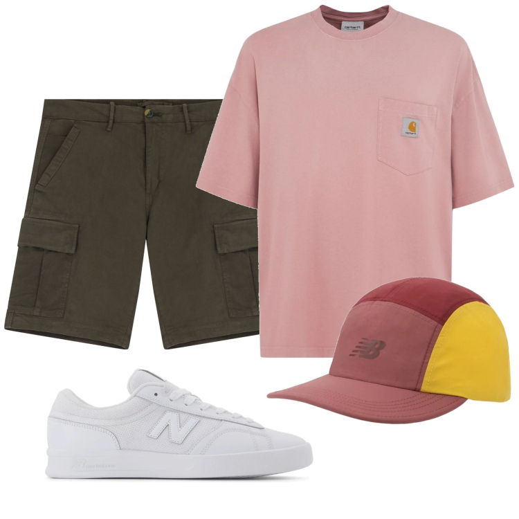 Outfit uomo - Total look #2210086. Stile Trendy per Mare. Abbinamento con cappelli con visiera, sneakers, bermuda, t-shirt.