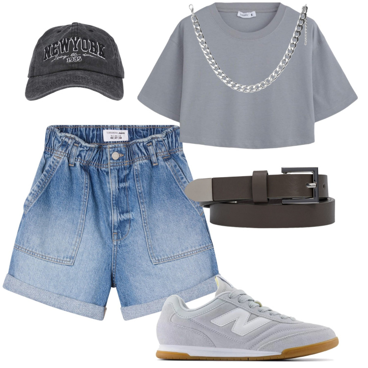 Outfit donna - Street style!. Stile Urban per Tutti i giorni. Abbinamento con collane, cappelli, shorts, t-shirt, sneakers, cinture.