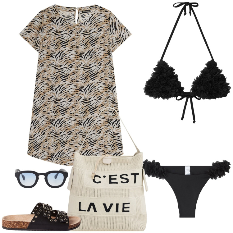Outfit donna - C\'è est la vie. Stile Basic per Mare. Abbinamento con bikini, borse a mano, bikini, ciabatte, occhiali da sole, vestiti midi/longuette.