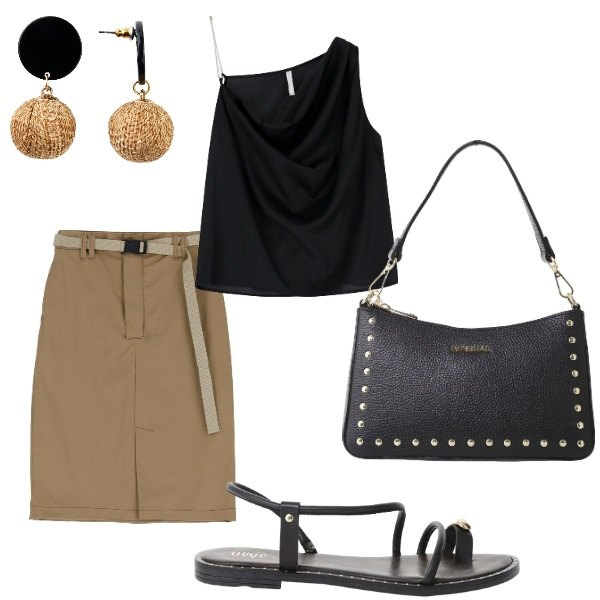 Outfit donna - Le serate di Luglio. Stile Casual per Serata fuori. Abbinamento con orecchini, gonne, top, borse a spalla, sandali.