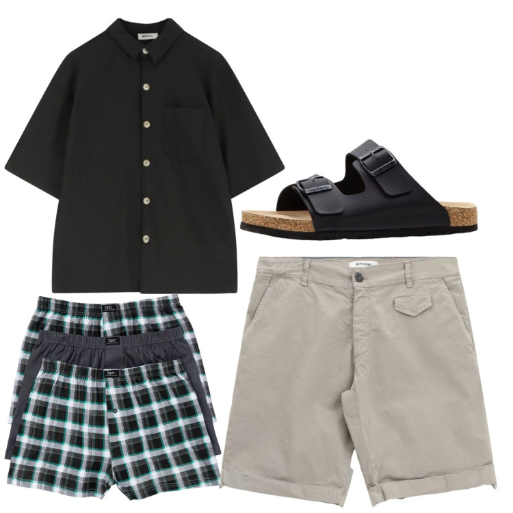 Outfit uomo - Total look. Stile Casual per Tutti i giorni. Abbinamento con boxer, sandali, camicie a manica corta, bermuda.