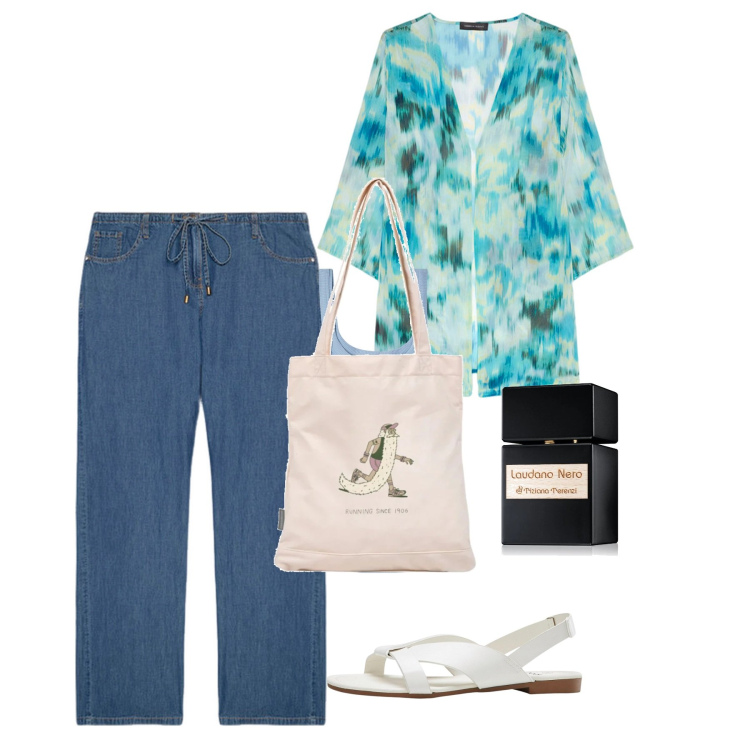 Outfit donna - Angistri. Stile Bon Ton per Tutti i giorni. Abbinamento con sandali, profumi, canottiere, shopping bag, blazer, jeans.