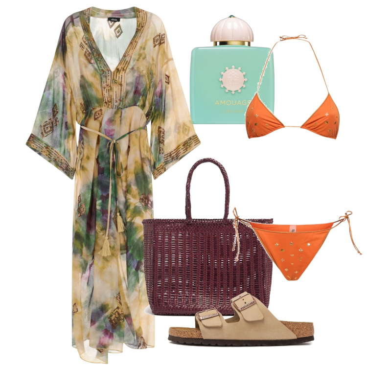 Outfit donna - Poros. Stile Chic per Mare. Abbinamento con profumi, vestiti lunghi, bikini, shopping bag, sandali in pelle.