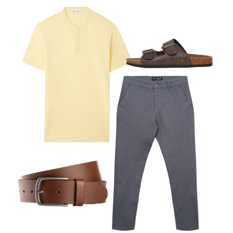 Outfit uomo - Total look. Stile Casual per Tutti i giorni. Abbinamento con cinture, t-shirt, pantaloni chino, sandali.