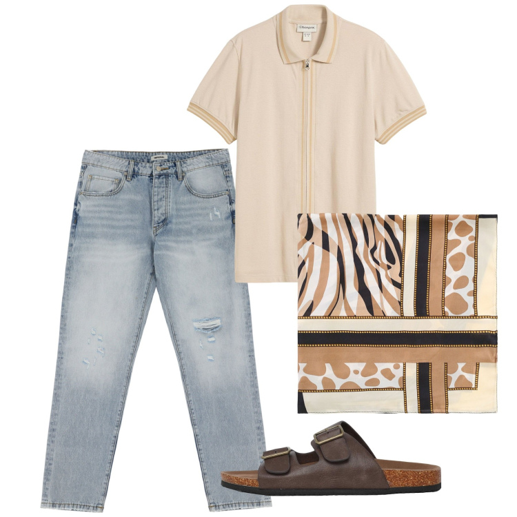 Outfit uomo - Caldo in città. Stile Casual per Tutti i giorni. Abbinamento con polo, sandali, jeans strappati, sciarpe e foulard.