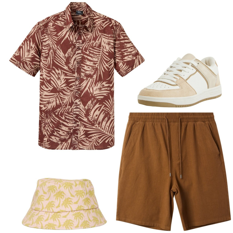 Outfit uomo - Total look. Stile Casual per Tutti i giorni. Abbinamento con camicie a manica corta, cappelli con visiera, sneakers, pantaloni corti.