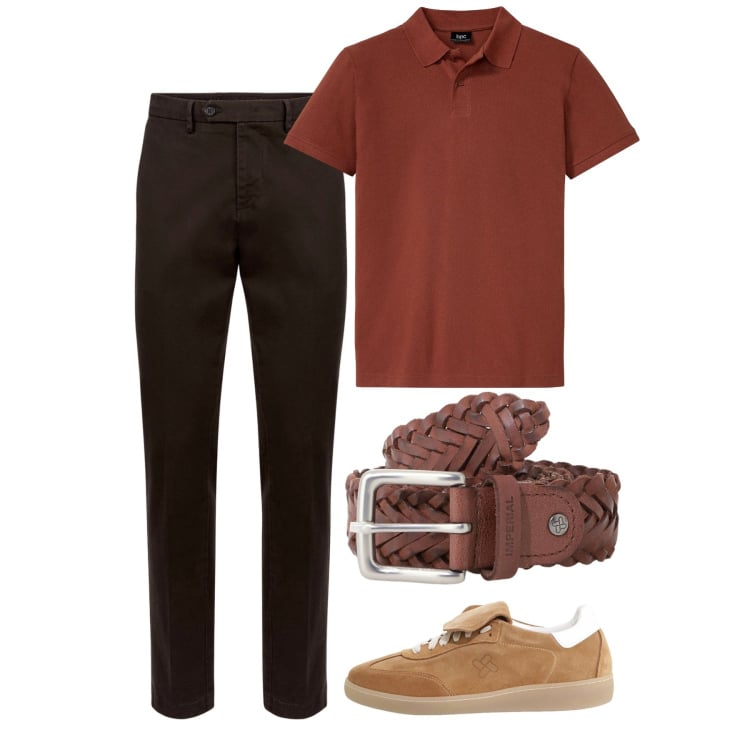 Outfit uomo - Caramello bruciato. Stile Casual per Tutti i giorni. Abbinamento con polo, sneakers, cinture, pantaloni chino.