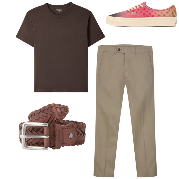 Outfit uomo - Total look. Stile Casual per Tutti i giorni. Abbinamento con t-shirt, cinture, pantaloni chino, sneakers.