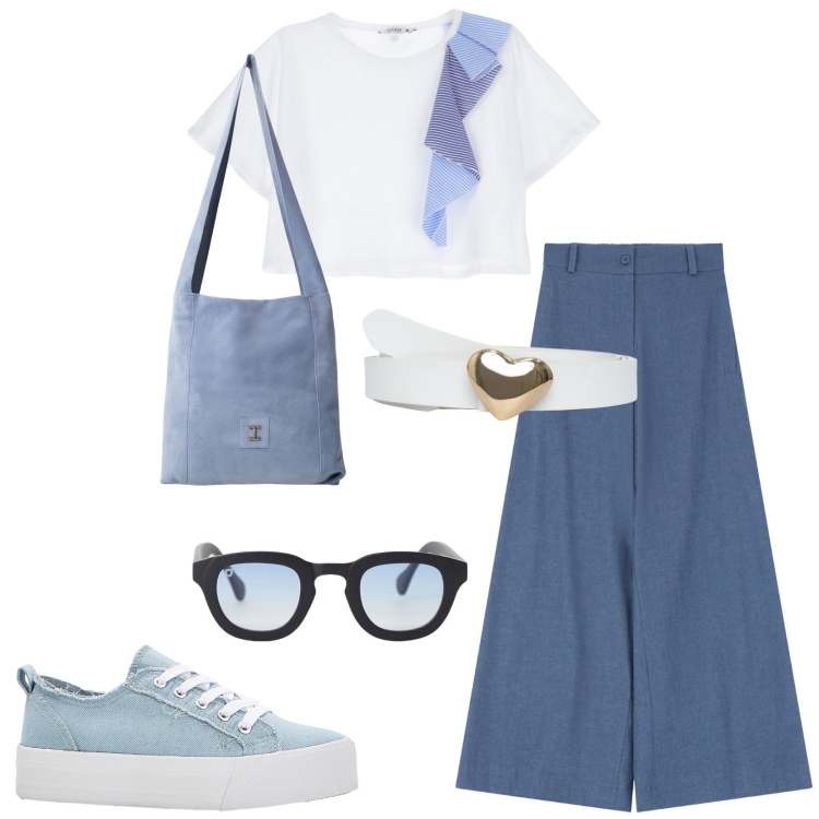 Outfit donna - Total look #2210186. Stile Sporty chic per Ufficio. Abbinamento con sneakers, cinture, t-shirt, jeans, occhiali da sole, borse a tracolla.