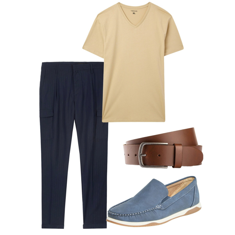 Outfit uomo - Luglio. Stile Casual per Tutti i giorni. Abbinamento con cinture, scarpe stringate, t-shirt, pantaloni cargo.