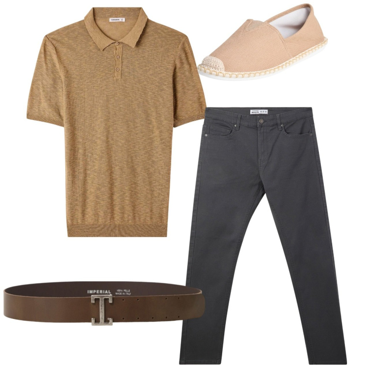 Outfit uomo - Total look. Stile Casual per Tutti i giorni. Abbinamento con espadrillas, pantaloni skinny, polo, cinture.