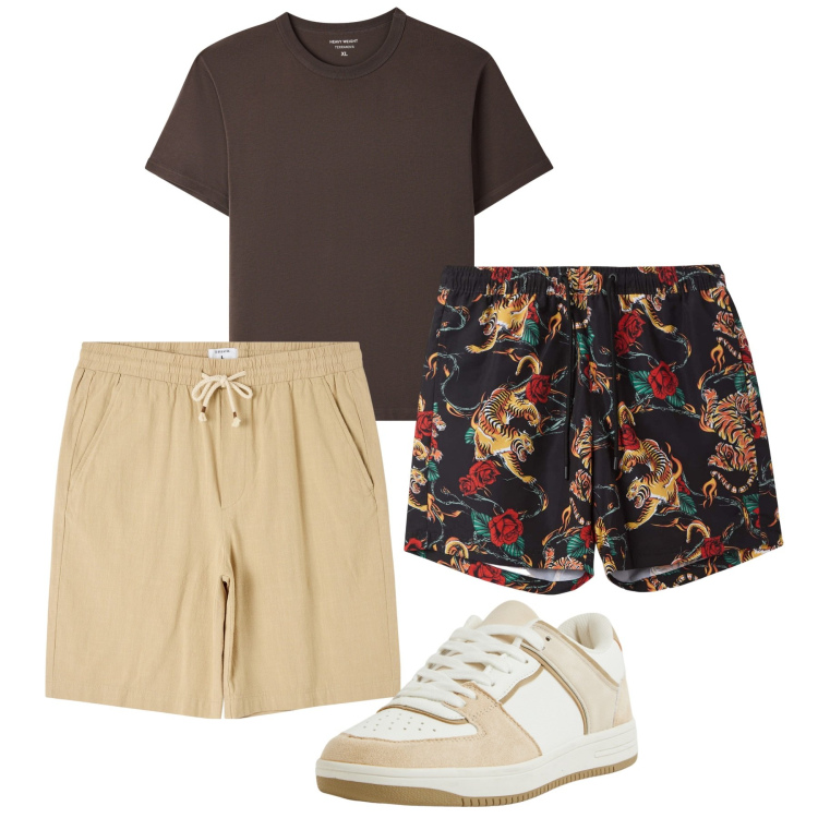 Outfit uomo - Luglio. Stile Casual per Tutti i giorni. Abbinamento con shorts, costumi, t-shirt, sneakers.